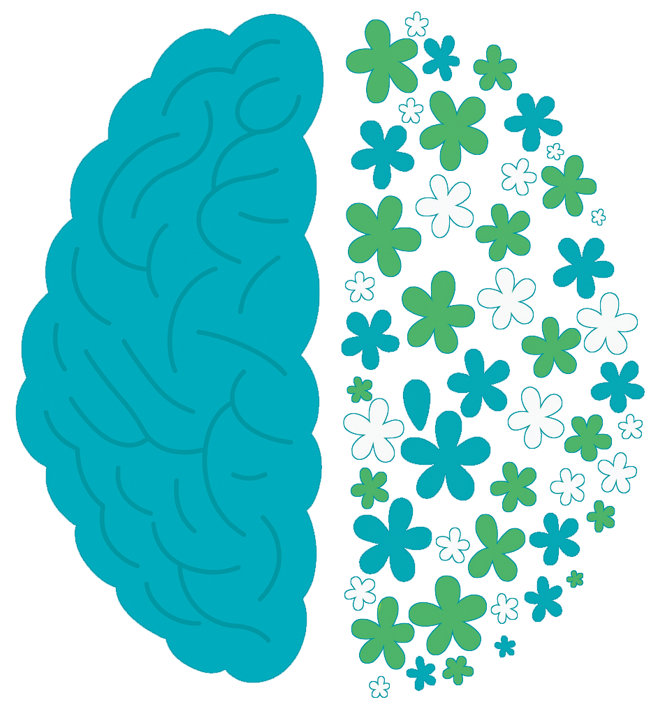 Illustration of a brain with flowers, representing mental well-being and growth