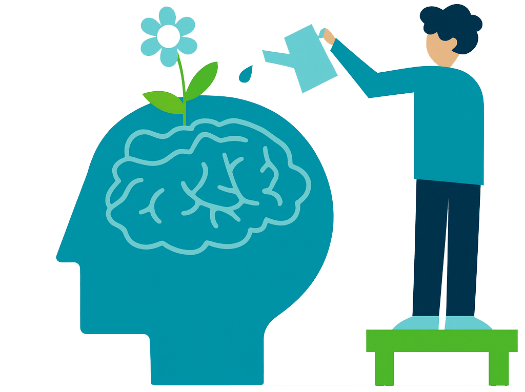 Illustration of a person watering a flower growing from a brain